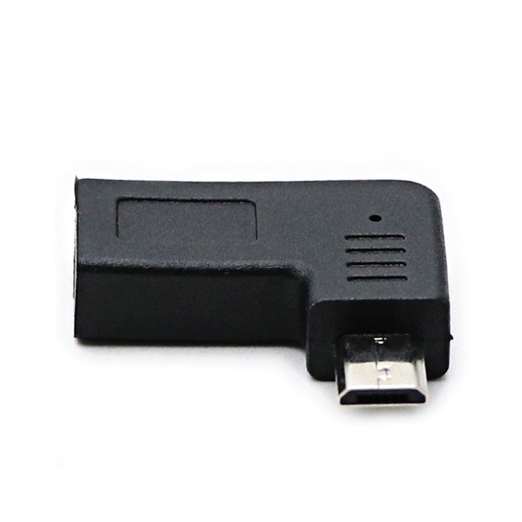 Black right-angle USB adapter with USB-C male plug and micro-USB port