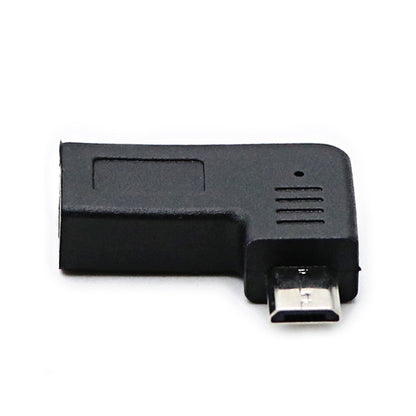 Black right-angle USB adapter with USB-C male plug and micro-USB port