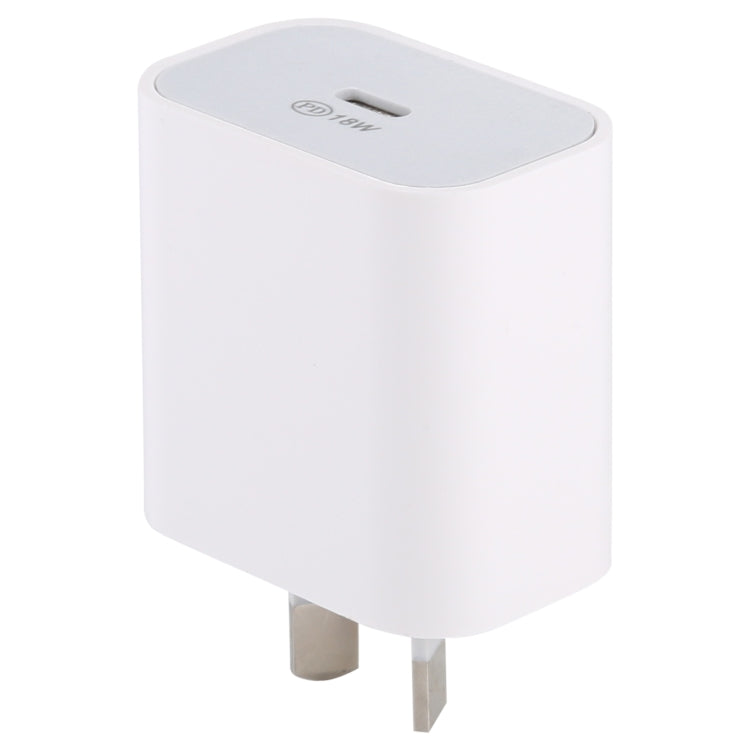 White 18W PD wall charger with AU plug, front face and side view prongs