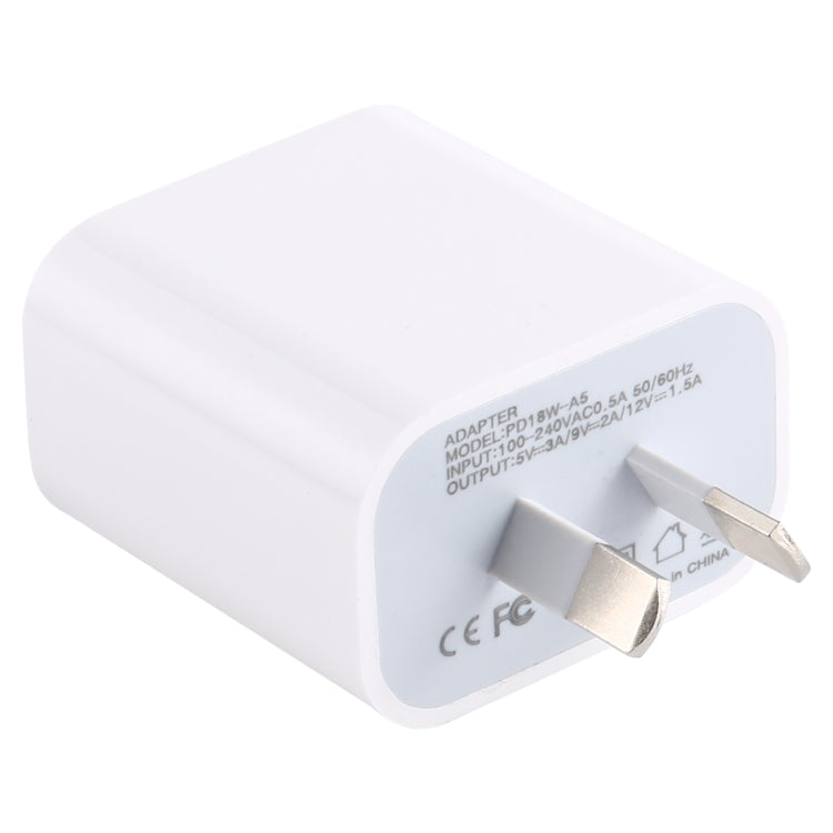 White 18W PD wall charger with AU plug, side profile and label text