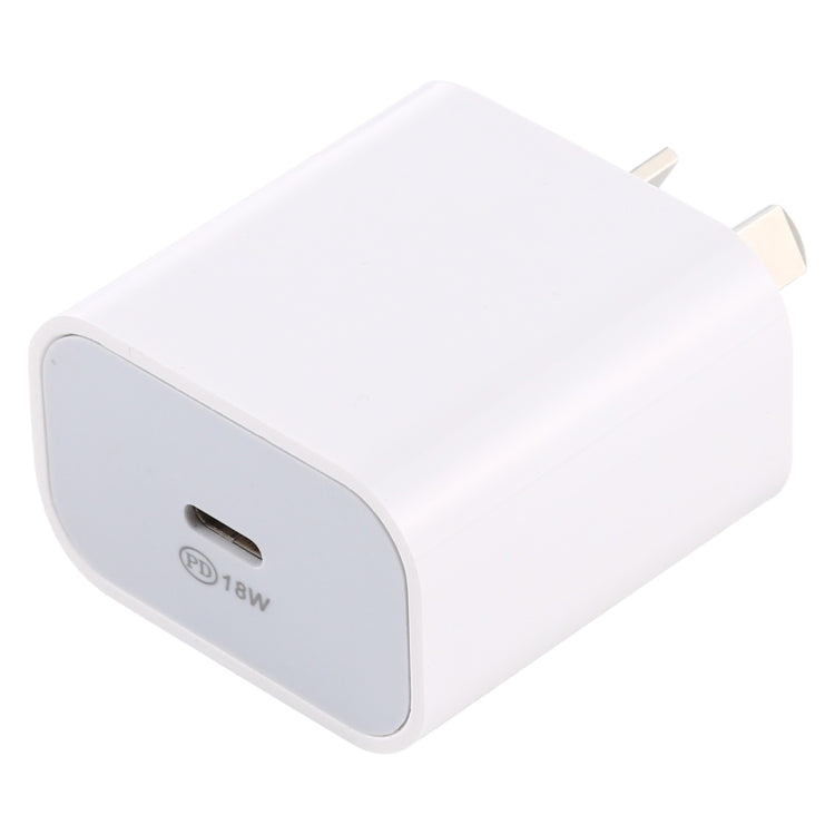 White 18W PD wall charger with AU plug, angled front with PD18W marking