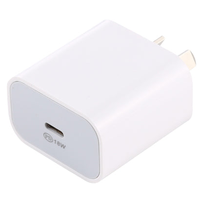 White 18W PD wall charger with AU plug, angled front with PD18W marking