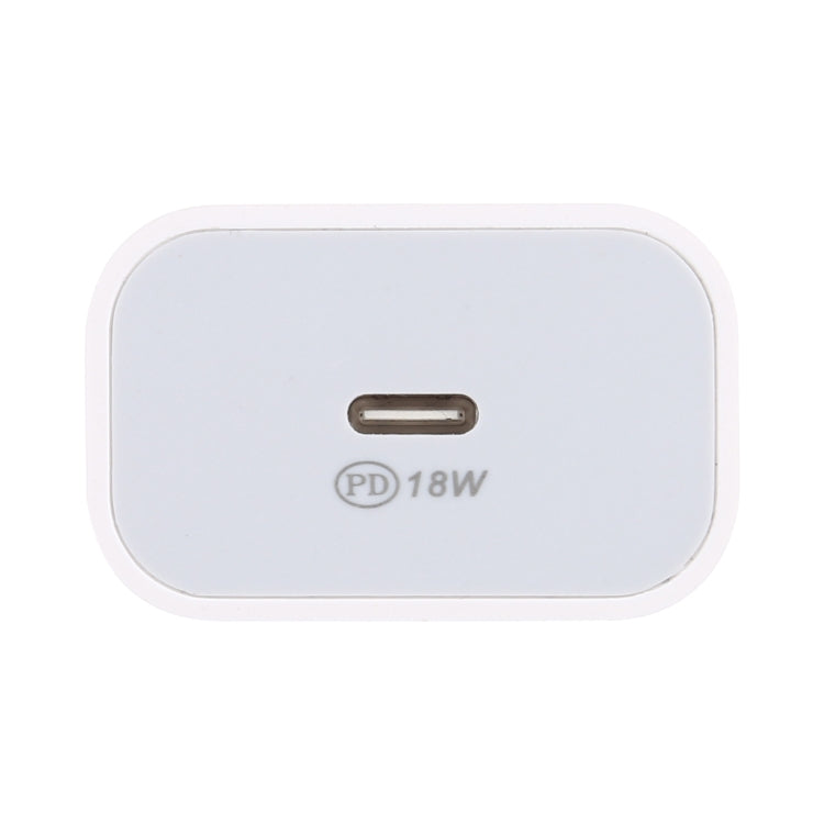 White 18W PD wall charger front, USB-C port with PD 18W label