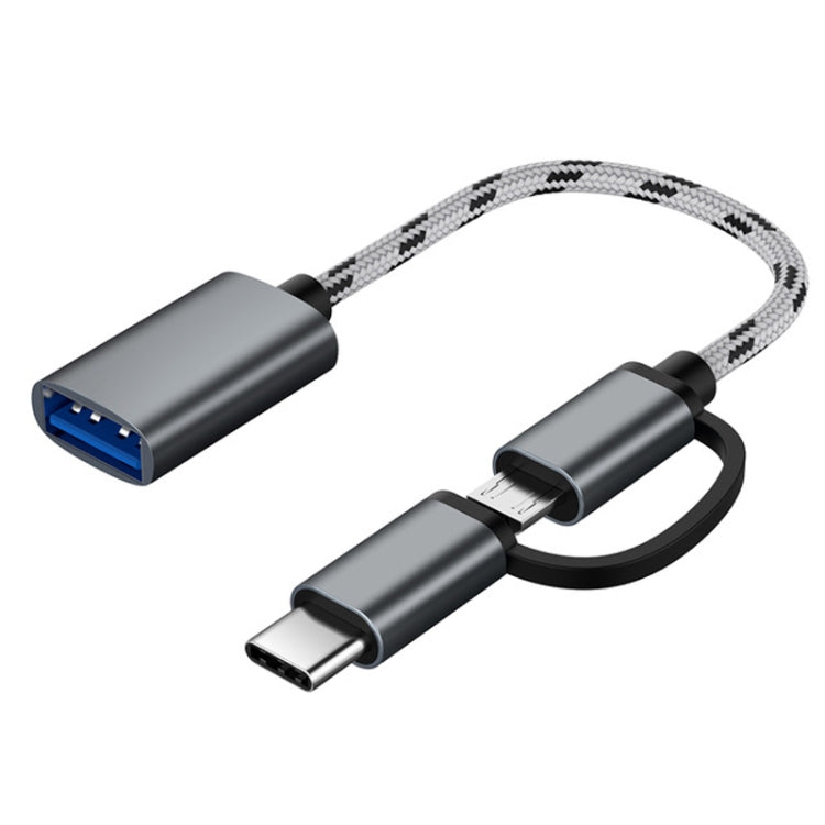 Grey USB 3.0 OTG adapter cable with USB-C and Micro USB plugs, nylon braided cord