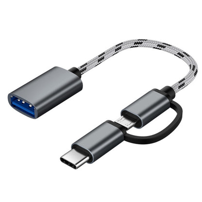 Grey USB 3.0 OTG adapter cable with USB-C and Micro USB plugs, nylon braided cord