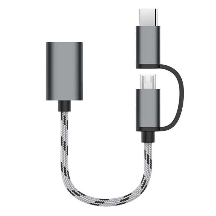 Grey dual-port OTG adapter cable with USB-C and Micro USB connectors, nylon braided cord