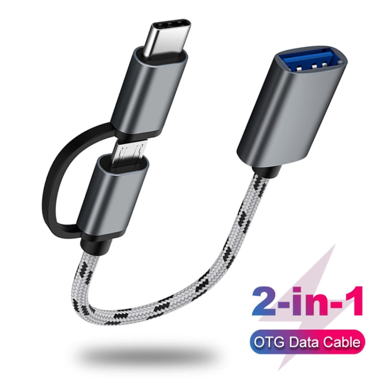 Grey USB-C and Micro USB OTG adapter cable with braided nylon leads and U-shaped connector