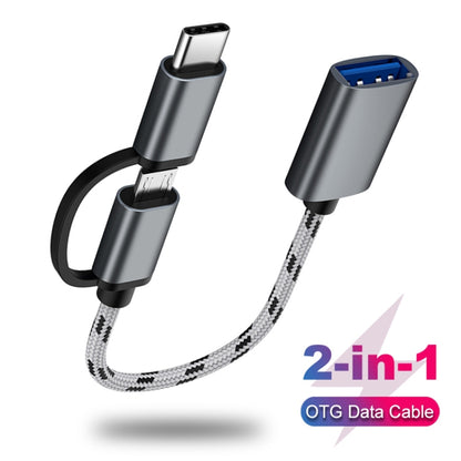 Grey USB-C and Micro USB OTG adapter cable with braided nylon leads and U-shaped connector