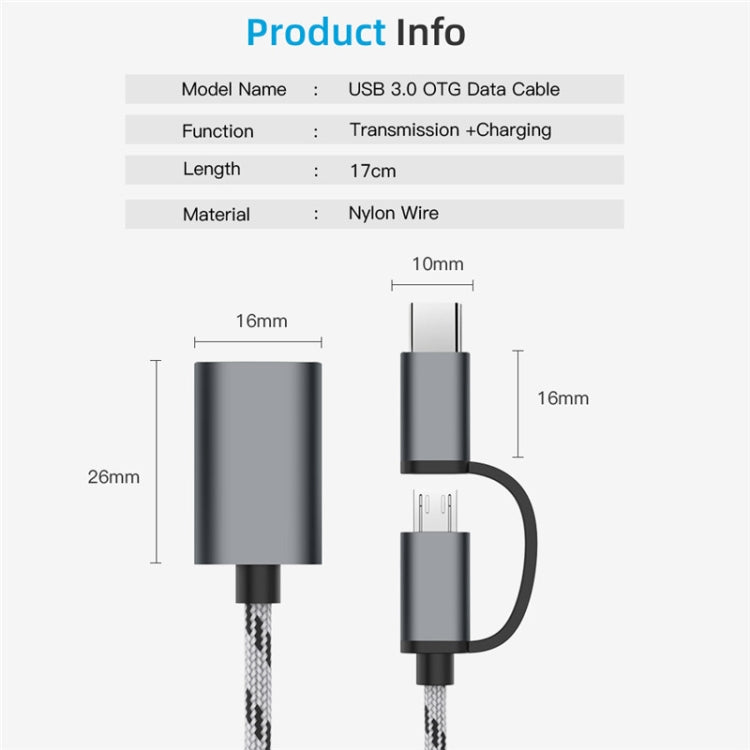 Grey OTG adapter cable diagram showing Micro USB and USB-C connectors, braided nylon wire