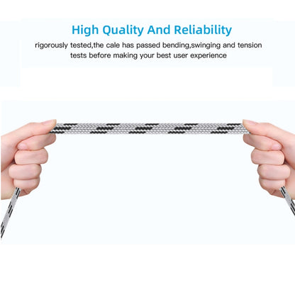 Nylon braided USB OTG adapter cable held by hands, grey housing ends