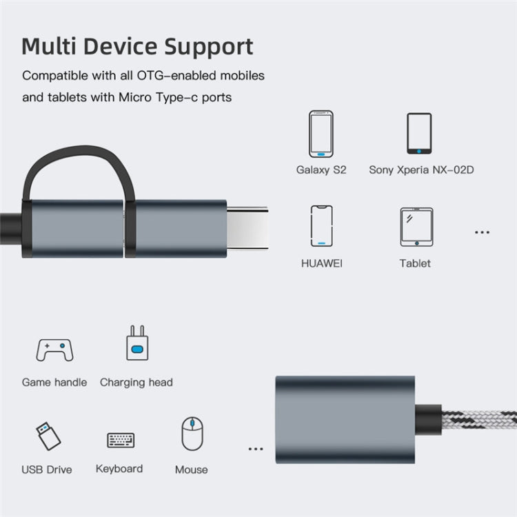 Grey multi-device OTG adapter cable with USB-C and Micro USB connectors, braided cord