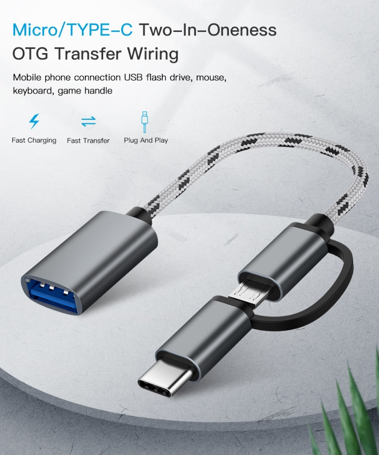 Grey Micro USB to USB-C OTG adapter cable with nylon braided cord