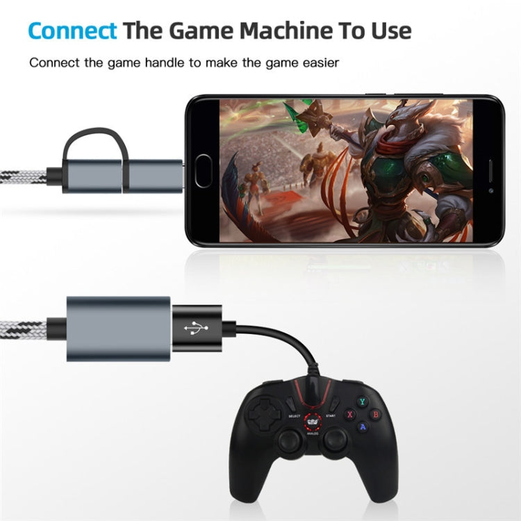 Grey OTG adapter cable connecting a smartphone to a game controller, braided cord