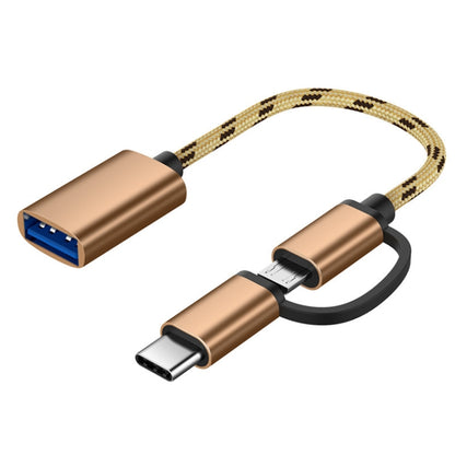Gold nylon braided adapter cable with USB-C and Micro USB connectors