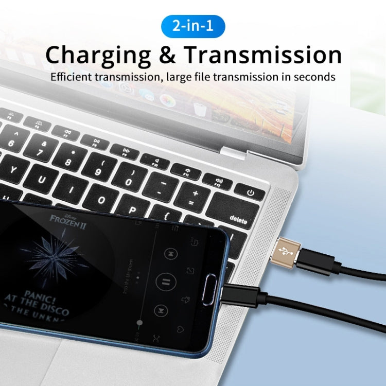 Gold USB-C to USB 2.0 adapter with cable, aluminum connector