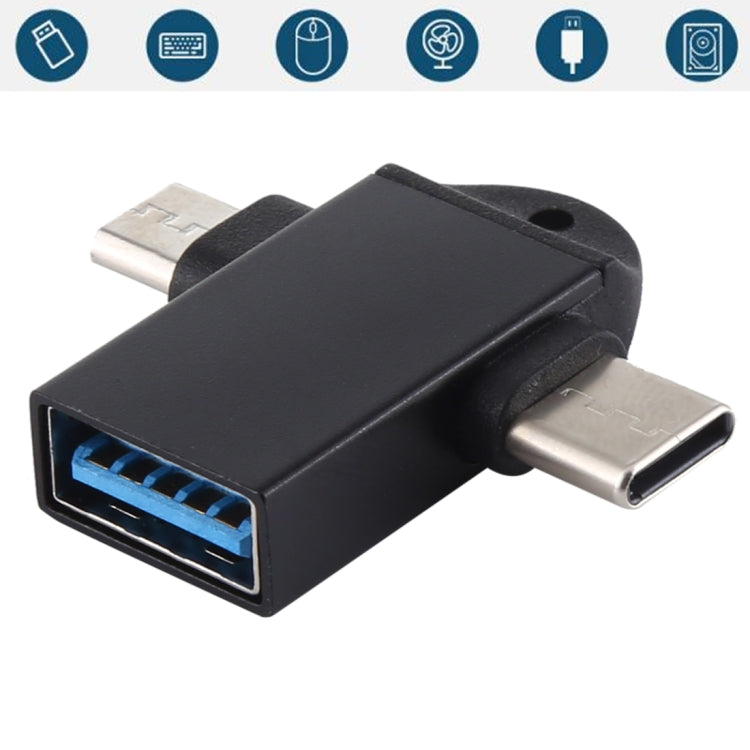 Black USB OTG adapter with sling hole, USB-A and USB-C connectors
