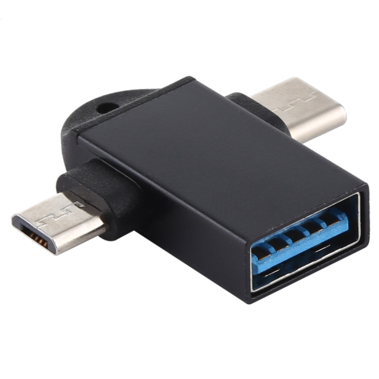 Black multi-port USB OTG adapter with USB-C and USB-A connectors