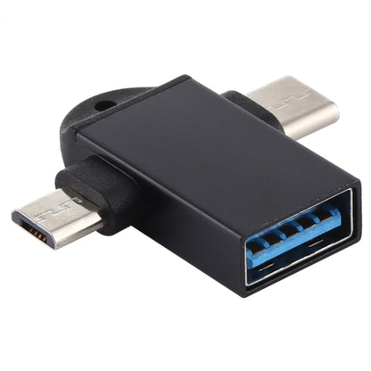 Black multi-port USB OTG adapter with USB-C and USB-A connectors