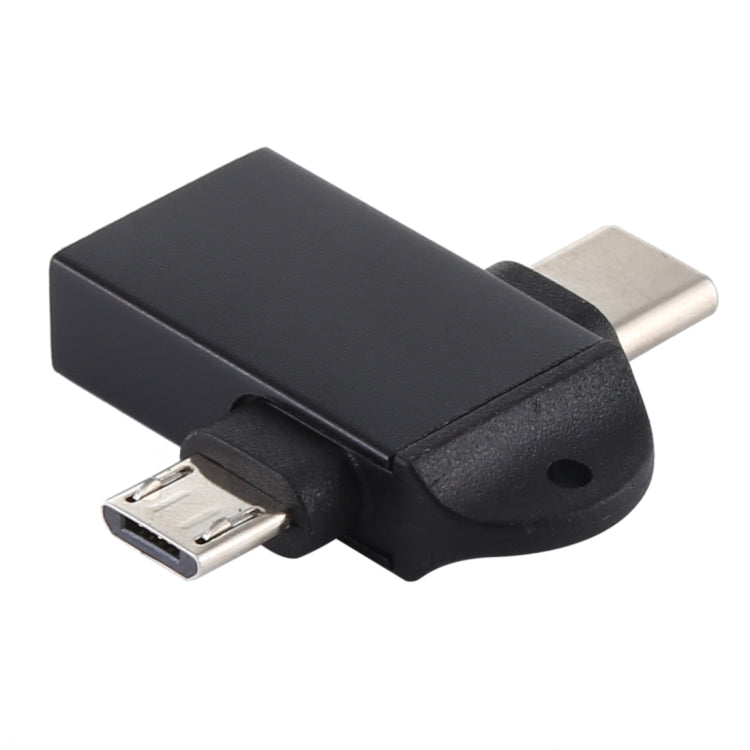 Black USB OTG adapter with USB-C and micro USB connectors