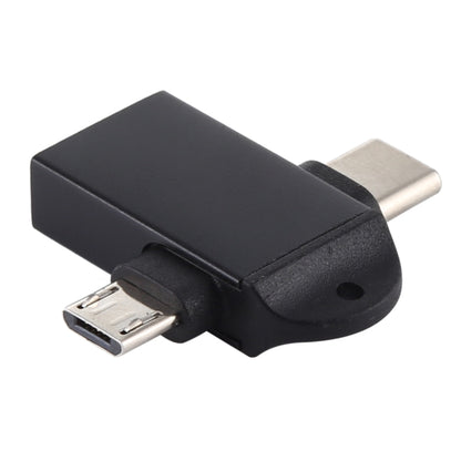 Black USB OTG adapter with USB-C and micro USB connectors