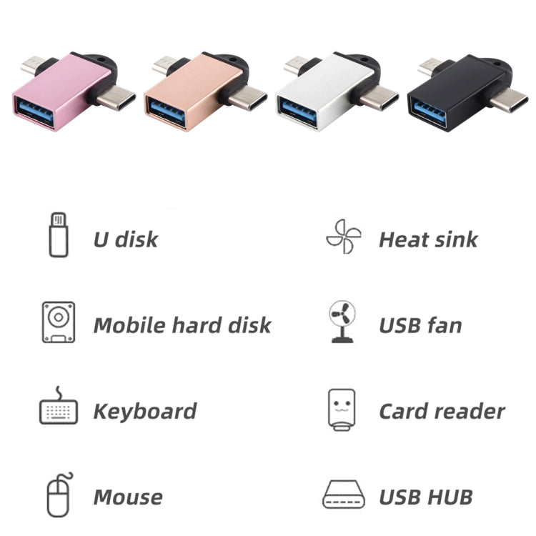 USB OTG adapter in multiple colors, with USB-A and USB-C ports