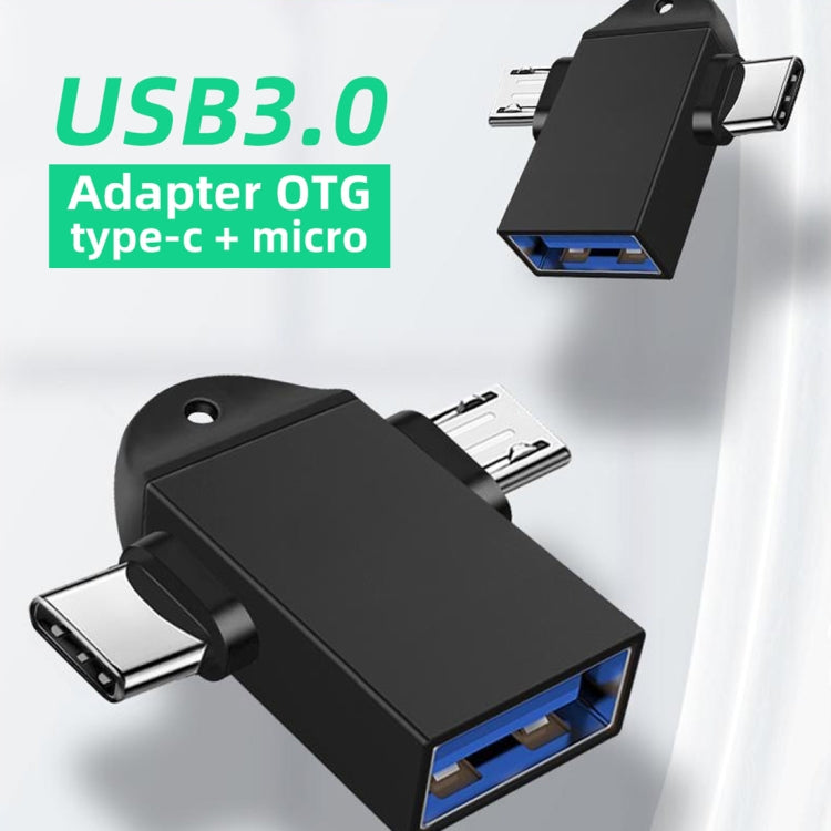 Black USB 3.0 OTG adapter with USB-C and micro USB connectors
