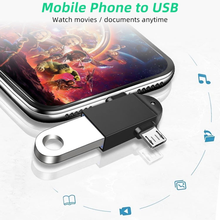 Black OTG adapter connected to a phone, with USB-C and USB-A connectors