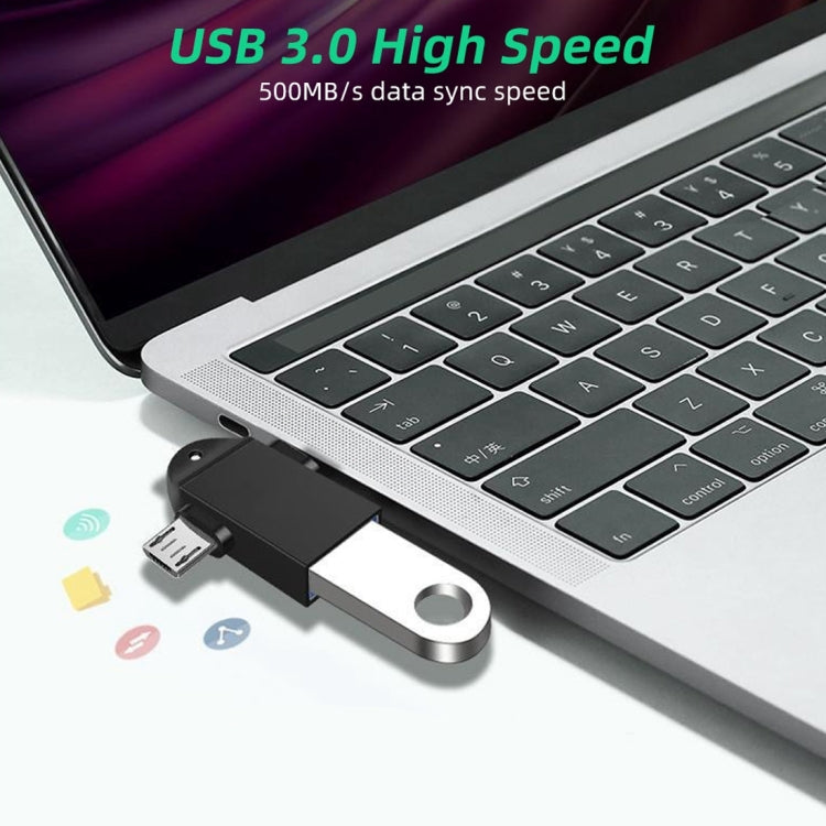 Black OTG adapter plugged into laptop USB port, with USB-C and micro USB ends