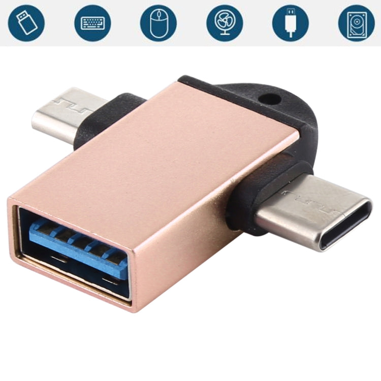 Rose gold multi-port OTG adapter: USB-A female, USB-C & Micro USB, with sling hole
