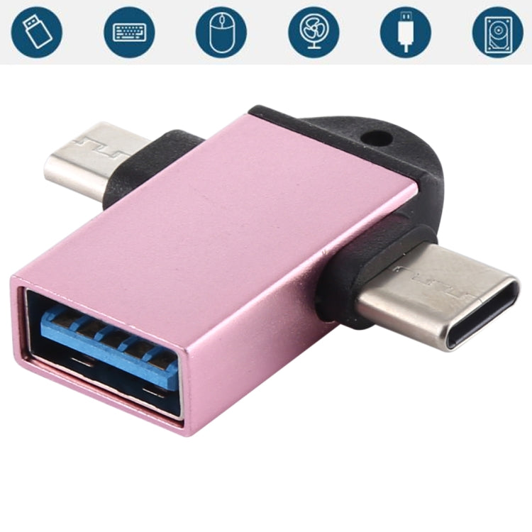 Light rose multi-port OTG adapter: USB-A female, USB-C & Micro USB, with sling hole