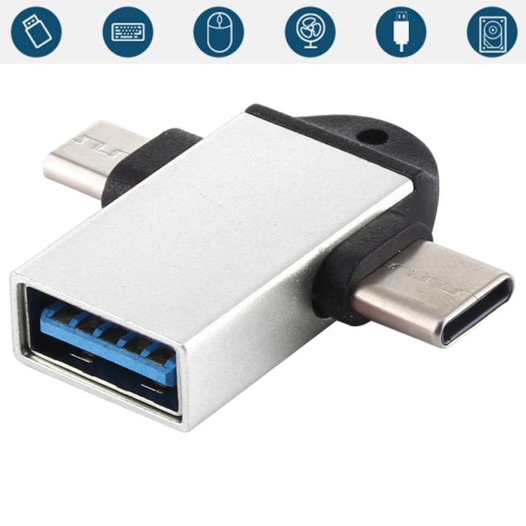 Silver multi-port OTG adapter: USB-A female, USB-C & Micro USB, with sling hole