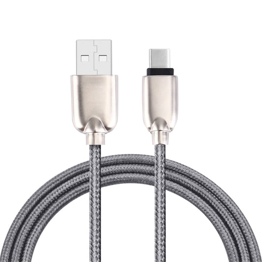 Braided USB-C to USB-A charging cable with metal connector heads, grey woven style.