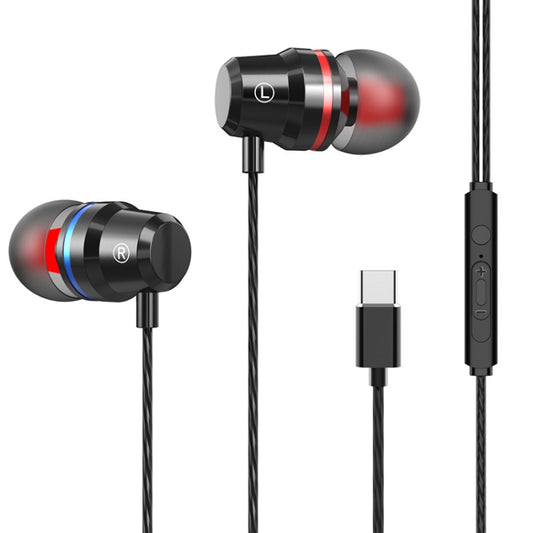 Black wired in-ear earphones with L/R earbuds, red accent ring, and cable.