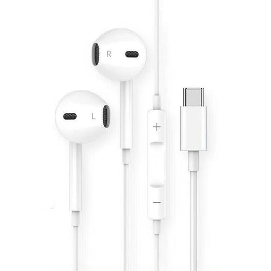 White wired in-ear headphones with inline mic and USB-C connector, dual earbud set