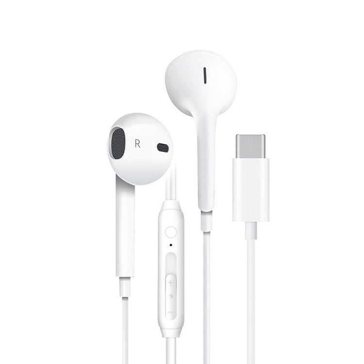 White wired in-ear headphones with inline control module, mic cable and USB-C connector