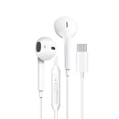 White wired in-ear headphones with inline control module, mic cable and USB-C connector