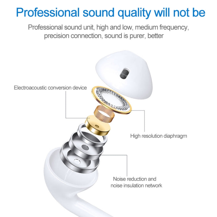 White in-ear earbud showing speaker components inside housing, wired design