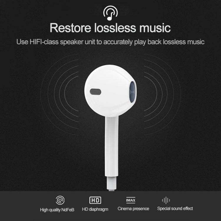 Single white wired in-ear headphone with oval speaker face and straight stem