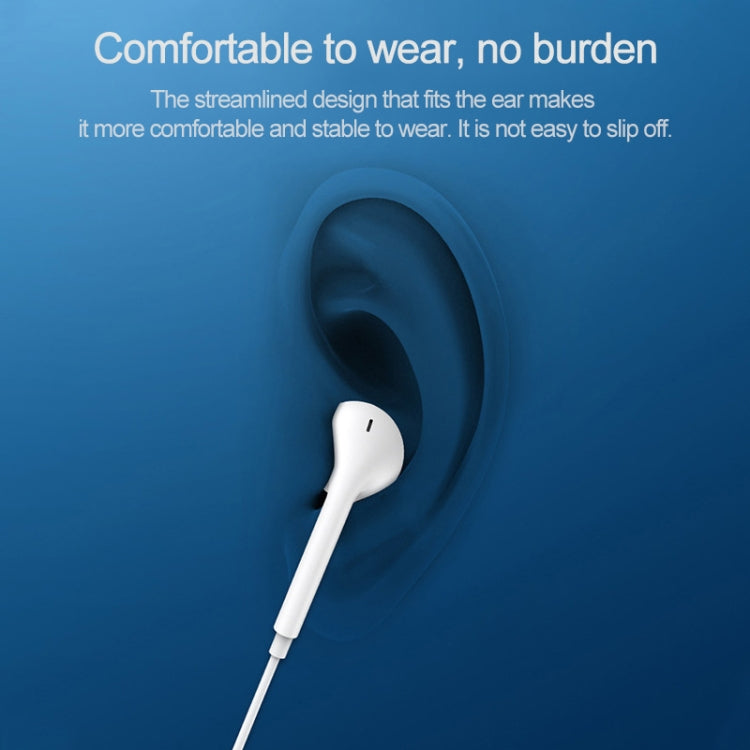White wired in-ear headphone with contoured ear tip and visible mic inline module