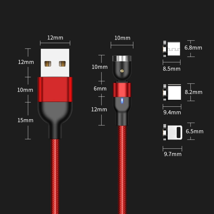 Red braided USB-A to USB-C charging cable with black connector and size diagram.