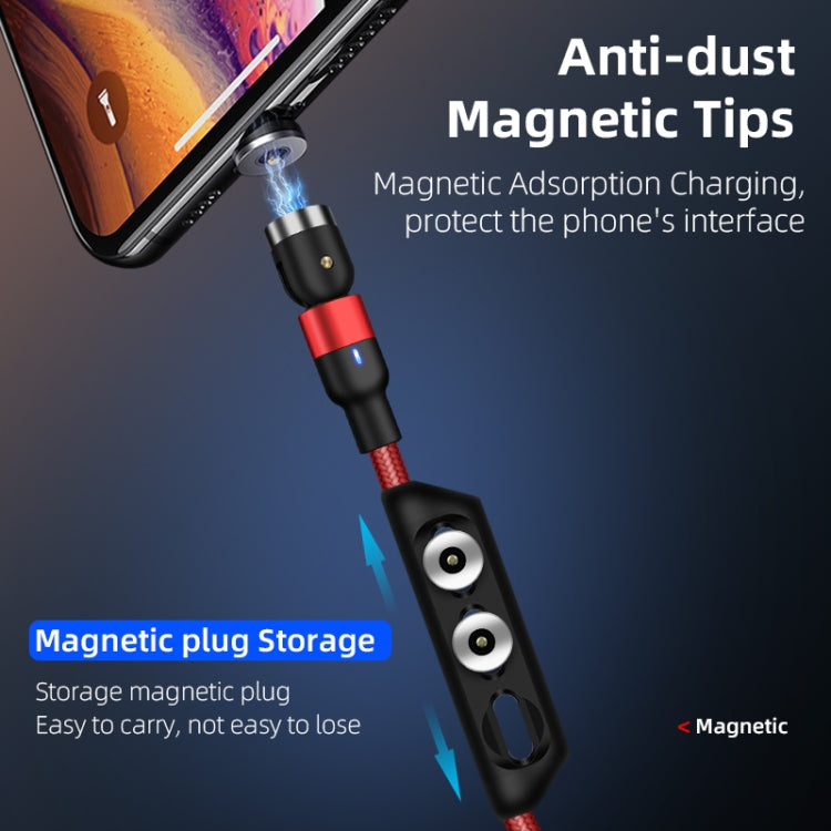 Red braided magnetic charging cable with anti-dust tips and rotating connector head.