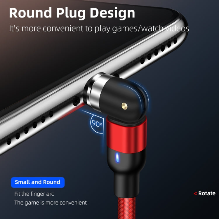 Red braided magnetic USB-C charging plug with round connector head on device port.