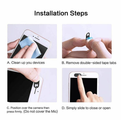 Installation steps diagram for sliding webcam cover privacy protection