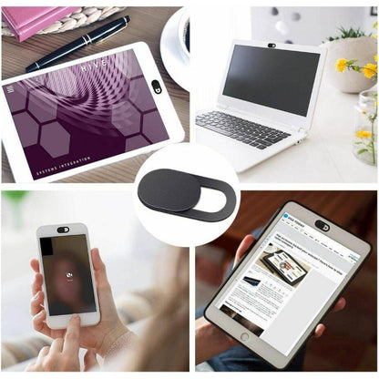 Black oval sliding webcam cover shown on a laptop and tablet devices