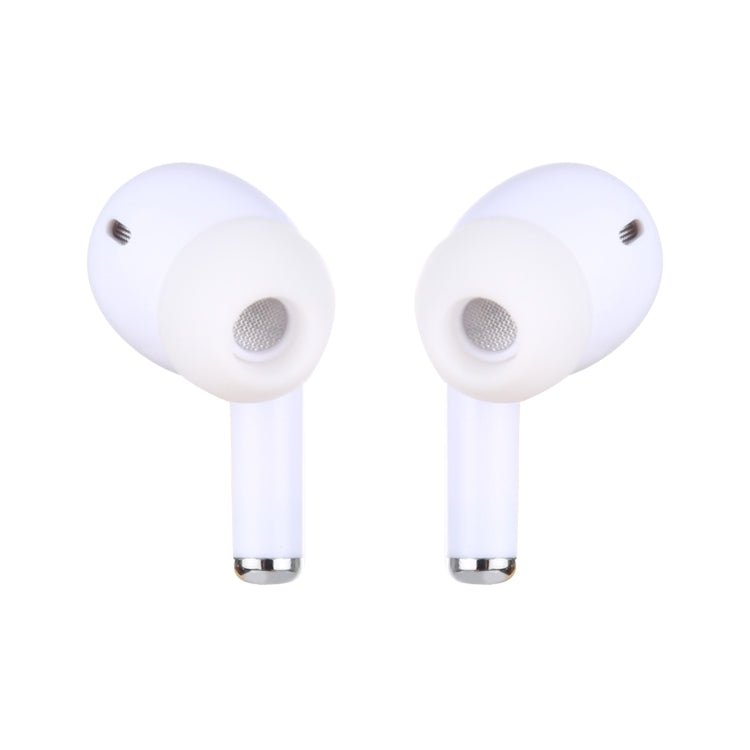 White in-ear earphones with speaker grills and microphone cutouts