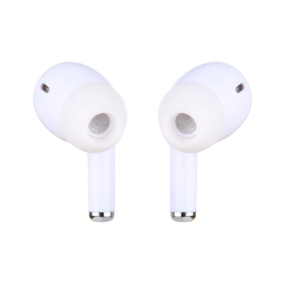 White in-ear earphones with speaker grills and microphone cutouts