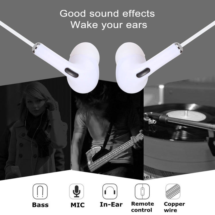 White wired in-ear earphones with microphone stems and dangling cables