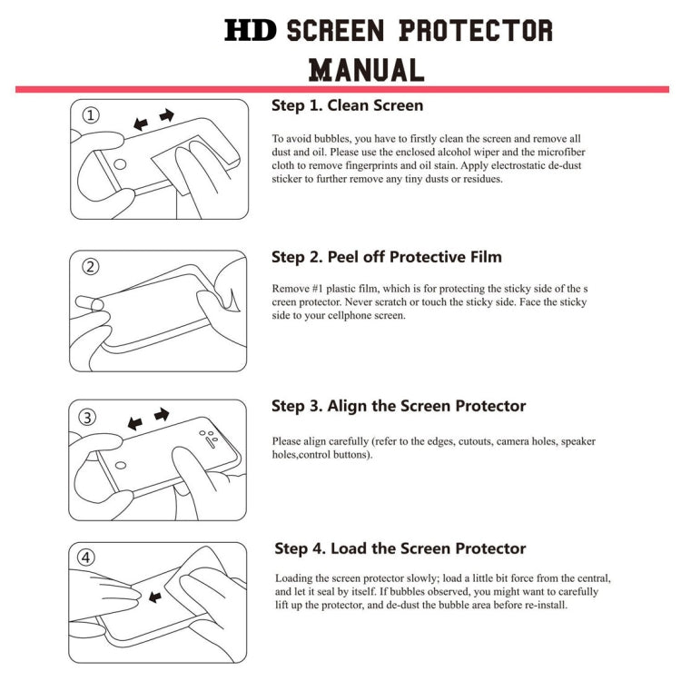 HD screen protector installation manual with step-by-step instructions