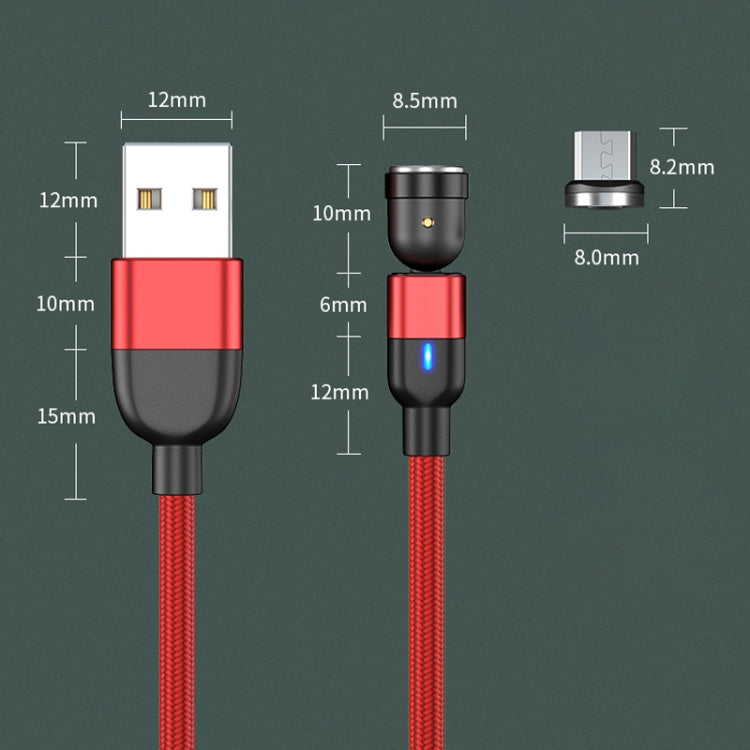 Red and black USB to Micro USB cable with magnetic rotating connector size details