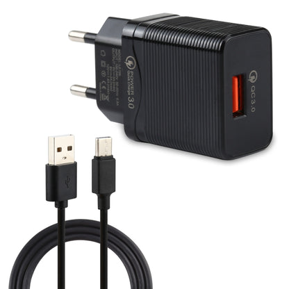 Black 2-in-1 travel charger with USB QC 3.0 port and EU plug, plus USB-C cable